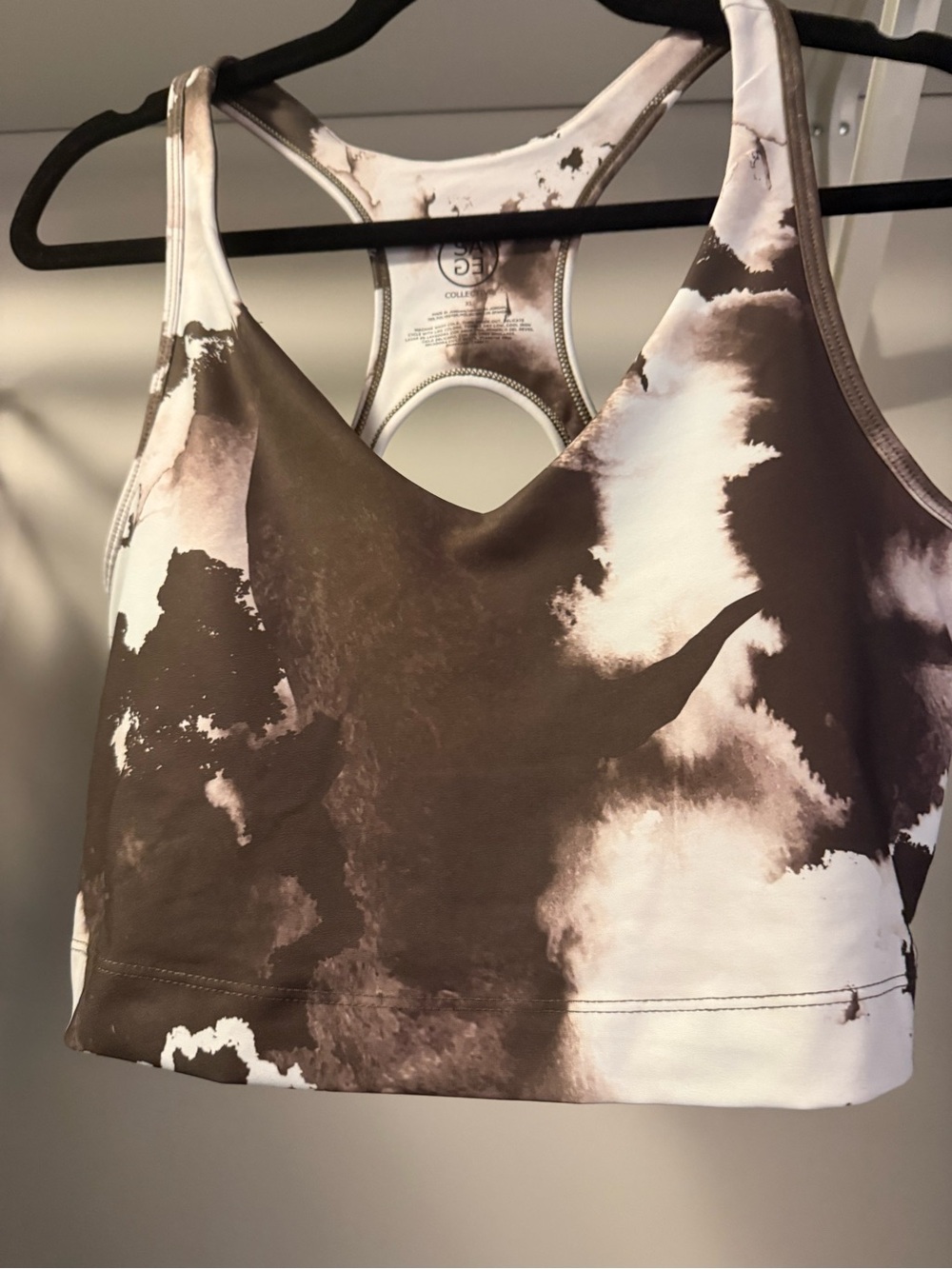 Sage Brown and White Marble-Print Racerback Sports Bra